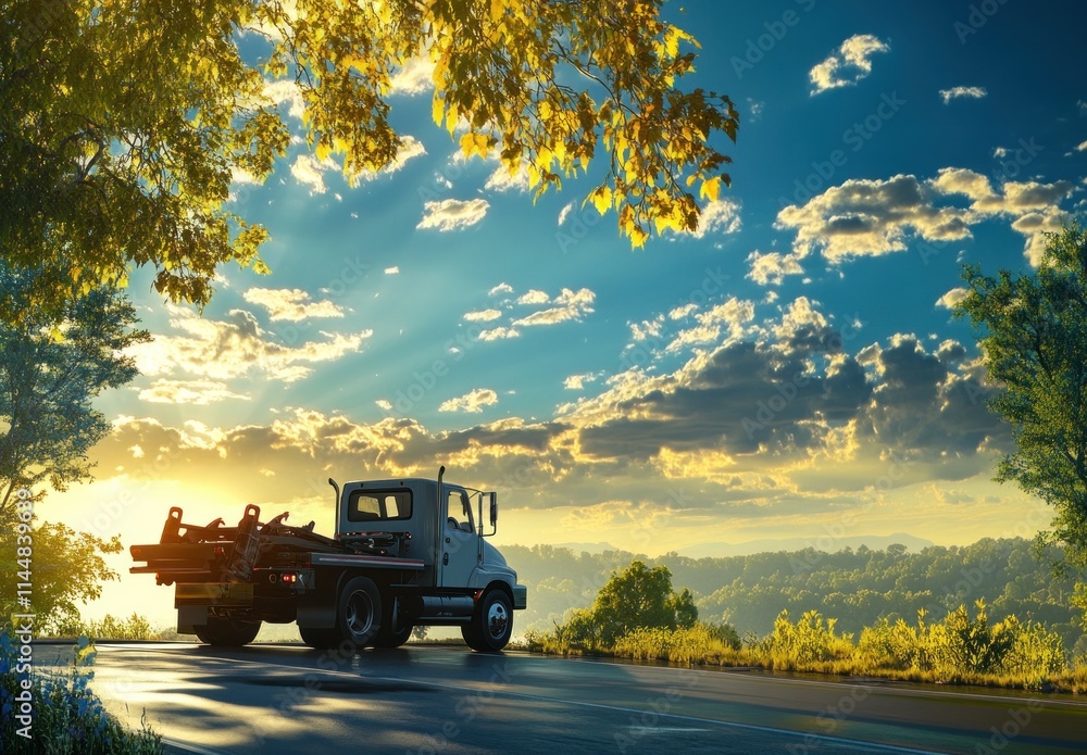 Fototapeta premium Truck driving road with sun rays and trees.