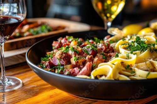 A plate of freshly cooked pasta topped with sauce and garnished with herbs, next to a bowl of beef stew, captures the essence of Italian culinary delight. photo