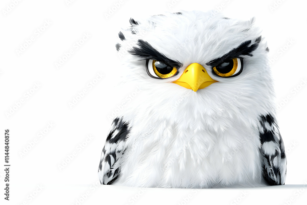 Obraz premium Cartoonish white owl character with intense expression and fluffy feathers on bright background