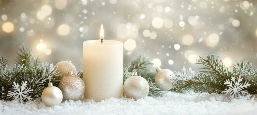 Lit candle with ornaments on snowy surface, bokeh background. Lit candle with ornaments on snowy surface, bokeh background.