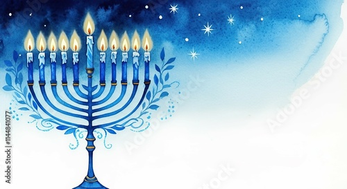 Watercolor illustration of a lit menorah