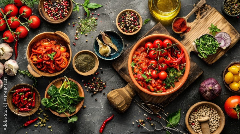 Variety of fresh spices, herbs, and tomatoes arranged on a textured dark surface Variety of fresh spices, herbs, and tomatoes arranged on a textured dark surface