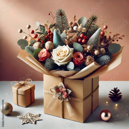 Bouquet of flowers and Christmas decorations.