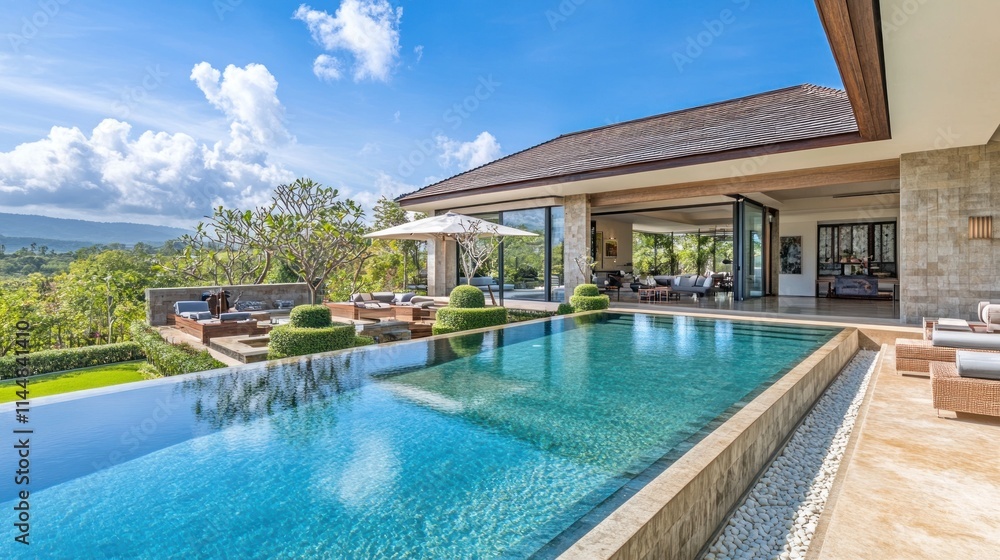 Modern villa with pool and outdoor seating, under blue sky. Modern villa with pool and outdoor seating, under blue sky.