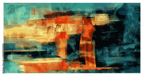 Modern abstract painting featuring rich turquoise, golden yellow, and vivid orange tones blended with raw, expressive brushstrokes, evoking emotion and artistic vitality in vector format