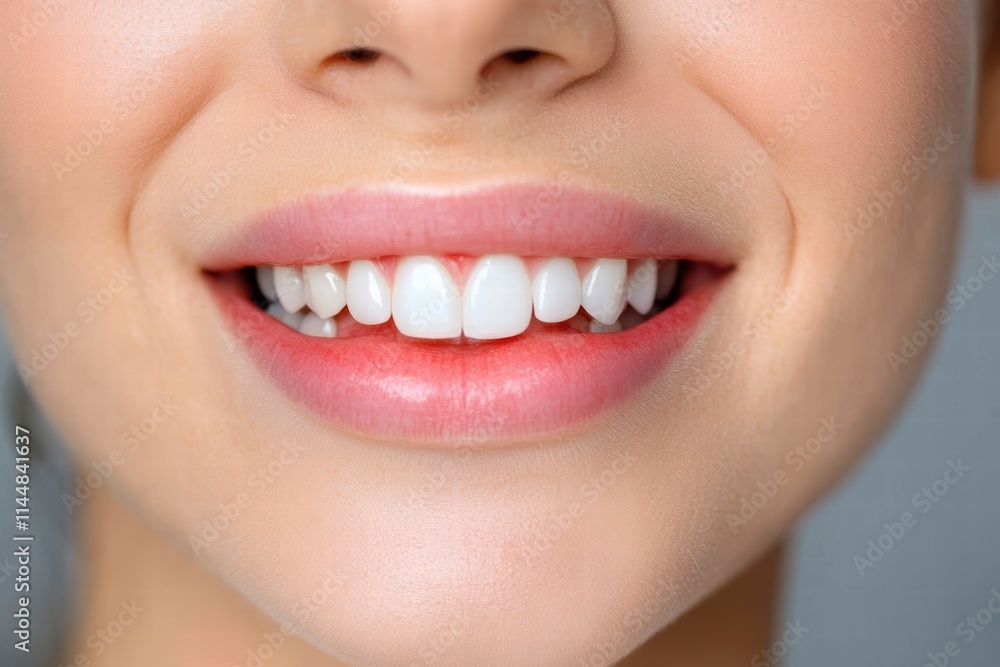 A focused shot of a bright and friendly smile with straight, white teeth, depicting confidence and positivity in a clean and aesthetic fashion. A focused shot of a bright and friendly smile with straight, white teeth, depicting confidence and positivity in a clean and aesthetic fashion.