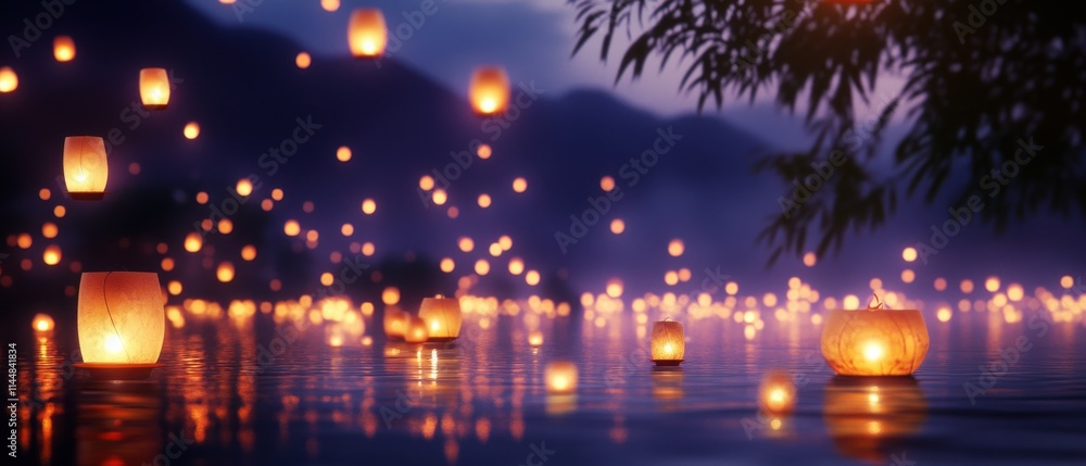 A serene night scene featuring illuminated lanterns floating on water, surrounded by a misty landscape and gentle reflections. A serene night scene featuring illuminated lanterns floating on water, surrounded by a misty landscape and gentle reflections.