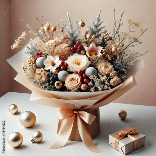 Christmas still life with a gift box, bouquet,  and golden Christmas balls.