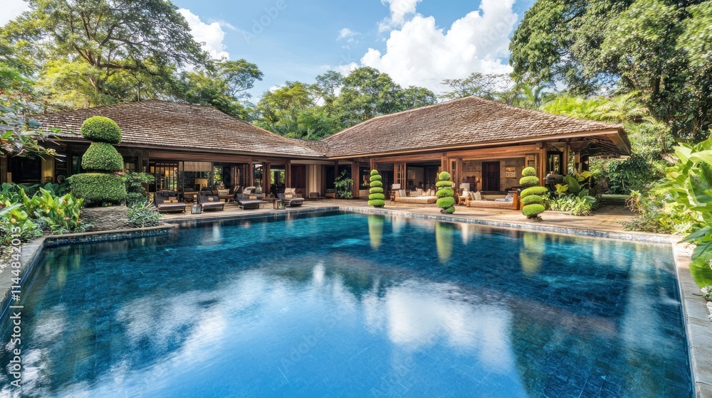 Luxurious villa with pool surrounded by lush tropical vegetation. Luxurious villa with pool surrounded by lush tropical vegetation.