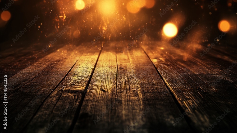 Warm wooden planks with bokeh lights and dust. Warm wooden planks with bokeh lights and dust.