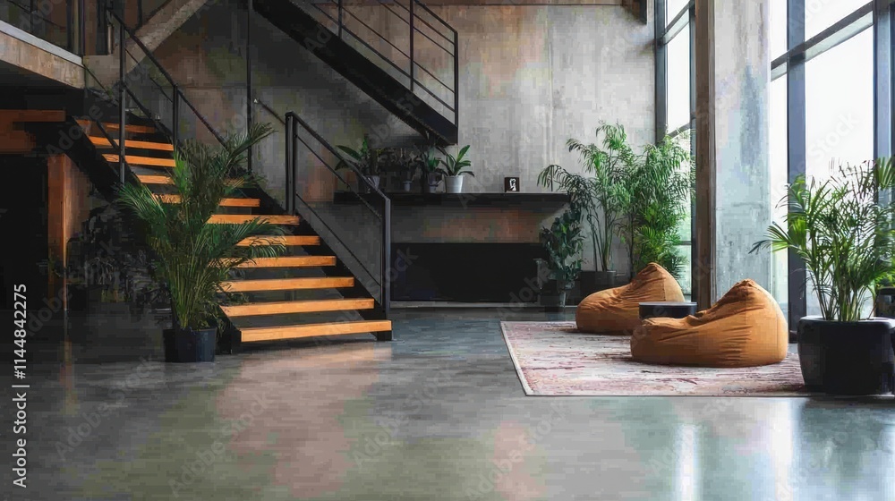 Obraz premium Interior view of modern staircase and sitting area with potted plants.