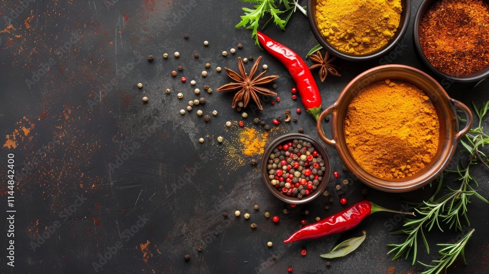 Colorful spices and chili peppers on a textured dark surface Colorful spices and chili peppers on a textured dark surface