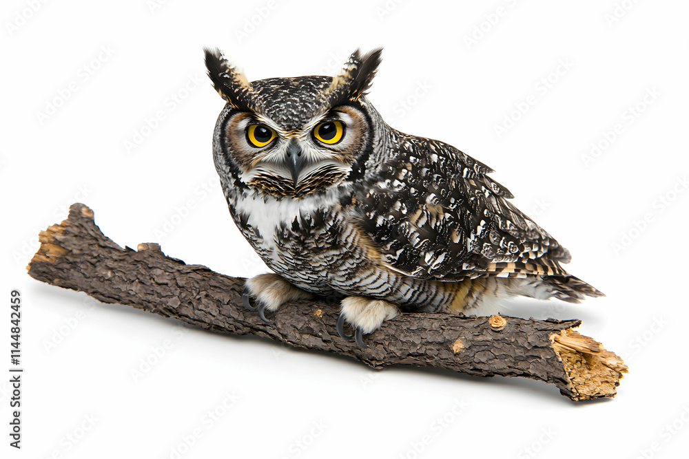 Majestic Owl Perched on a Branch Displaying Intense Gaze and Intricate Feather Patterns with White Background Majestic Owl Perched on a Branch Displaying Intense Gaze and Intricate Feather Patterns with White Background