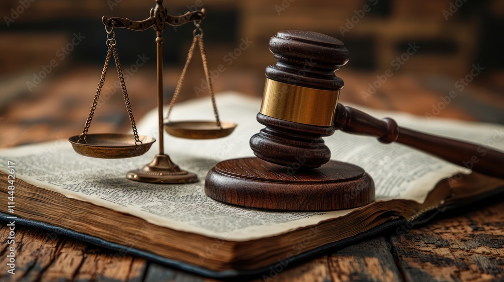 Gavel, scales, and law book on wooden table. (1) Gavel, scales, and law book on wooden table. (1)