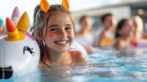 A young child leans joyfully against unicorn inflatables in a swimming pool, reflecting the playful and carefree spirit of childhood during bright summer days. photo