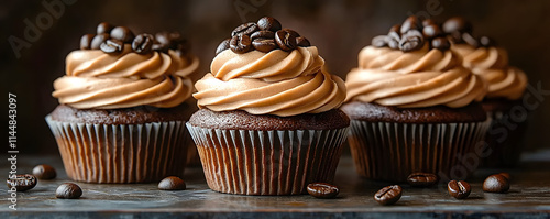 Mocha mousse cupcakes with a coffeeflavored muffin base, topped with chocolatecovered espresso beans, mocha mousse cupcakes muffins, rich dessert pairing photo