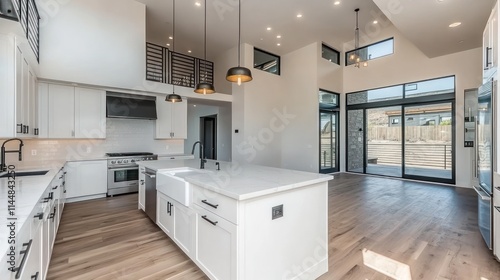 Wallpaper Mural Modern kitchen with island, light wood floors, high ceilings, and large windows. Torontodigital.ca