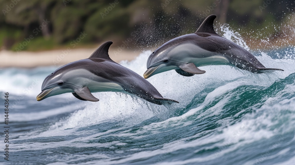 Obraz premium Dolphins Jumping Above Waves in Oceanic Natural Habitat
