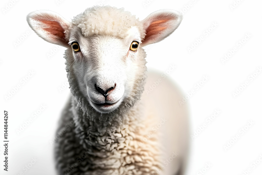 Fototapeta premium Close-Up Portrait of a Curious Sheep with Soft Wool and Bright Eyes on a White Background