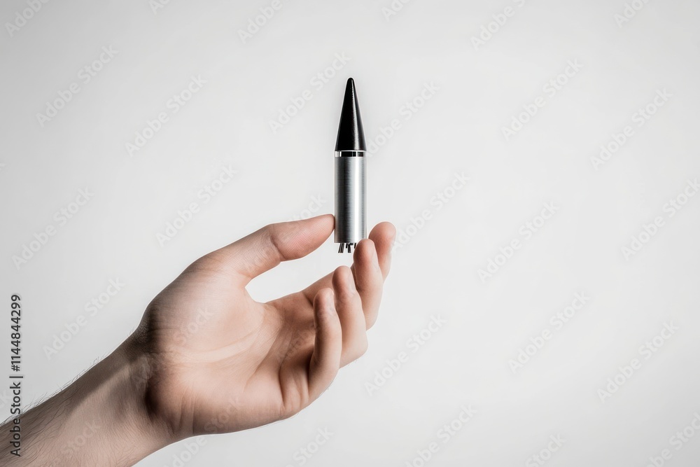 Hand holding a small, metallic, pointed object. Hand holding a small, metallic, pointed object.