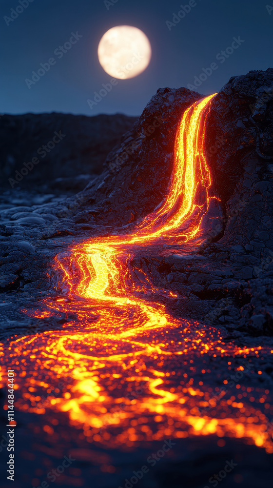 Lava flow from volcano under full moon, showcasing natural energy transfer. vibrant orange lava contrasts with dark landscape, creating dramatic scene Lava flow from volcano under full moon, showcasing natural energy transfer. vibrant orange lava contrasts with dark landscape, creating dramatic scene