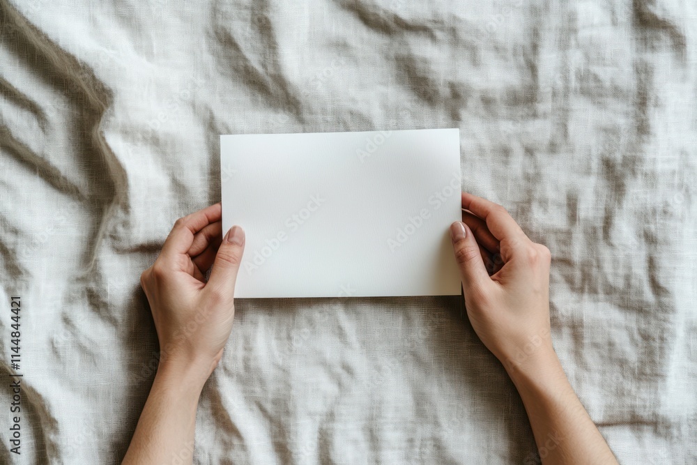 Hands holding blank paper over wrinkled fabric. Hands holding blank paper over wrinkled fabric.