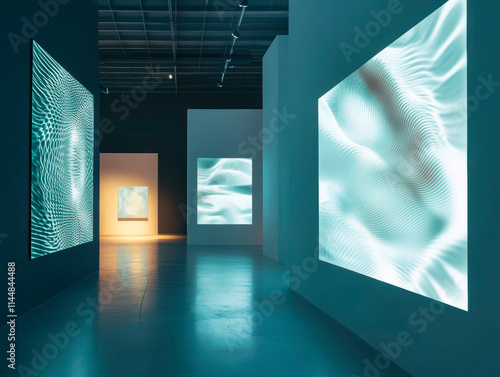 A modern  minimalist gallery showcases abstract or digital artwork with wave patterns  displayed under illuminated frames and backlit by LED lights The contemporary space is spacious  sophisticated 