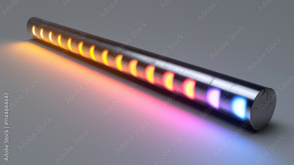 metallic rod displaying heat conduction with vibrant color gradients, illustrating temperature variations along its length. visual effect creates engaging representation of thermal dynamics metallic rod displaying heat conduction with vibrant color gradients, illustrating temperature variations along its length. visual effect creates engaging representation of thermal dynamics