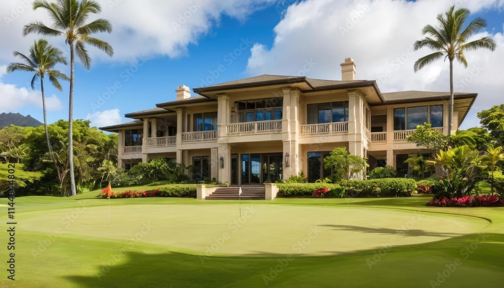 A beautiful mansion with large windows and plenty of greenery, overlooking the golf course A beautiful mansion with large windows and plenty of greenery, overlooking the golf course