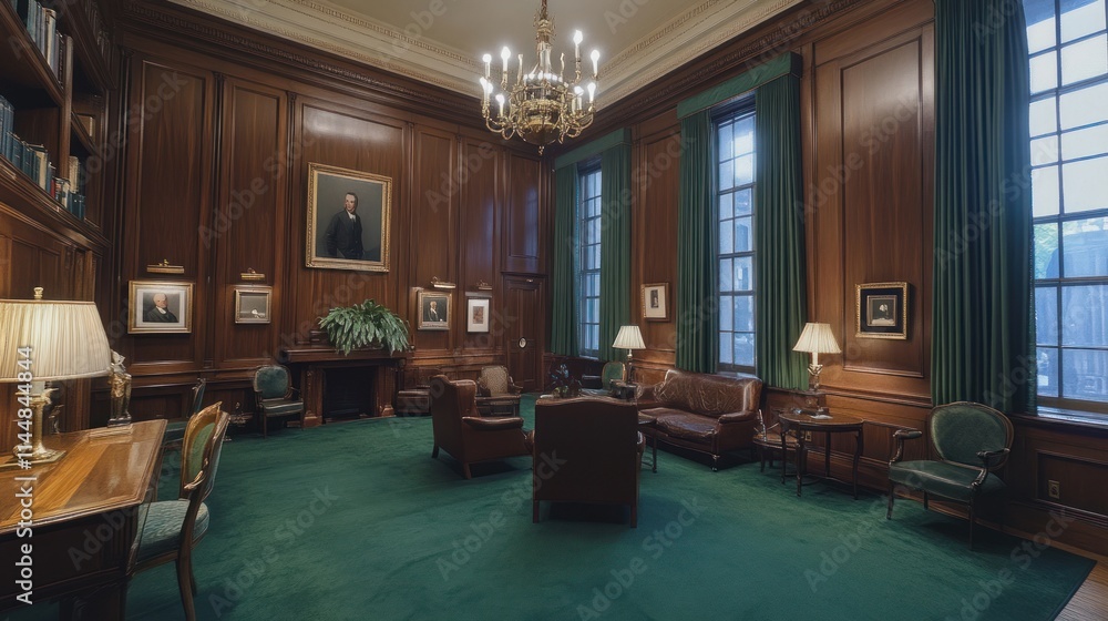 Classic room with wooden paneling, antique furniture and green carpet. Classic room with wooden paneling, antique furniture and green carpet.