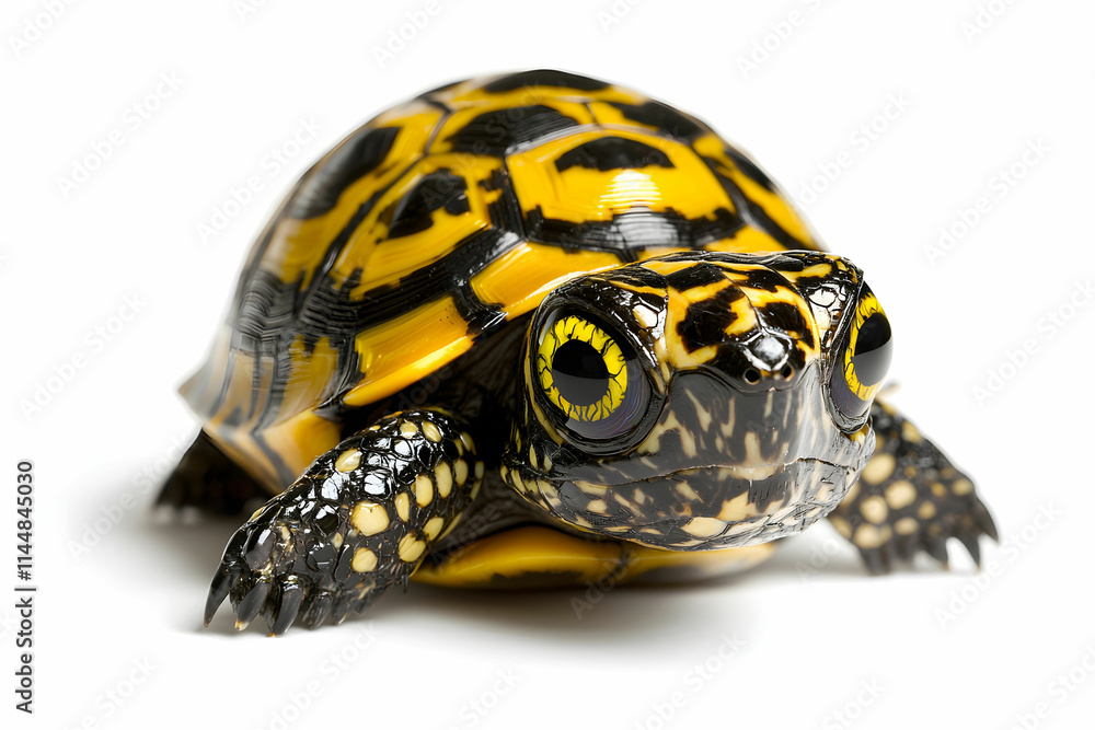 Obraz premium Brightly Colored Tropical Turtle with Distinct Yellow and Black Shell Displayed on White Background