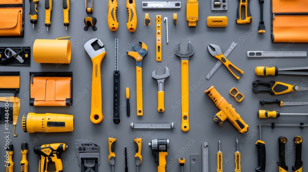 Obraz premium Collection of yellow tools organized on a gray background