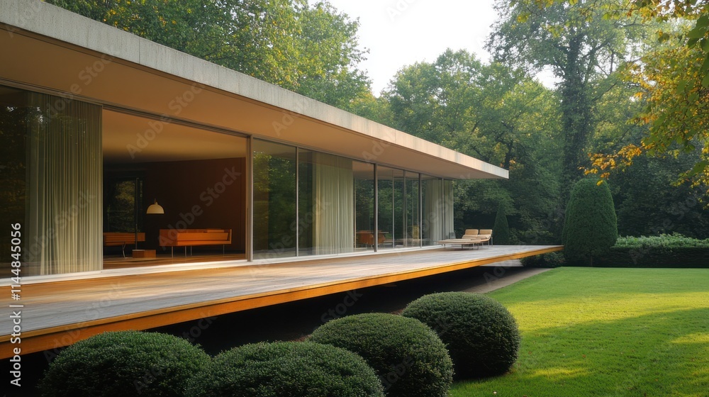 Obraz premium Modern house with large glass windows and lawn surrounded by trees.