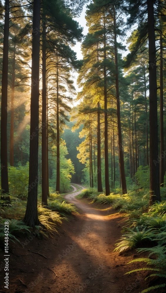 Fototapeta premium Winding path through a sunlit forest with towering trees and lush greenery
