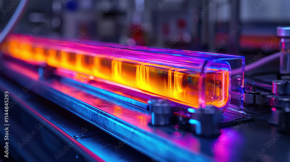 vibrant thermal barrier showcasing temperature gradient in lab setting, illuminated with striking colors of orange, purple, and blue, highlighting scientific experimentation vibrant thermal barrier showcasing temperature gradient in lab setting, illuminated with striking colors of orange, purple, and blue, highlighting scientific experimentation