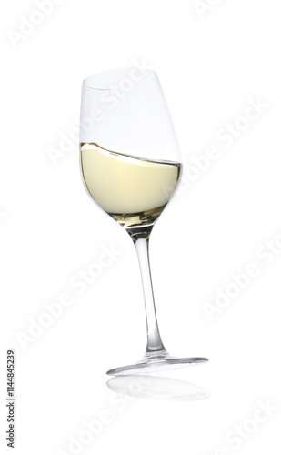 Tasty wine splashing in glass on white background