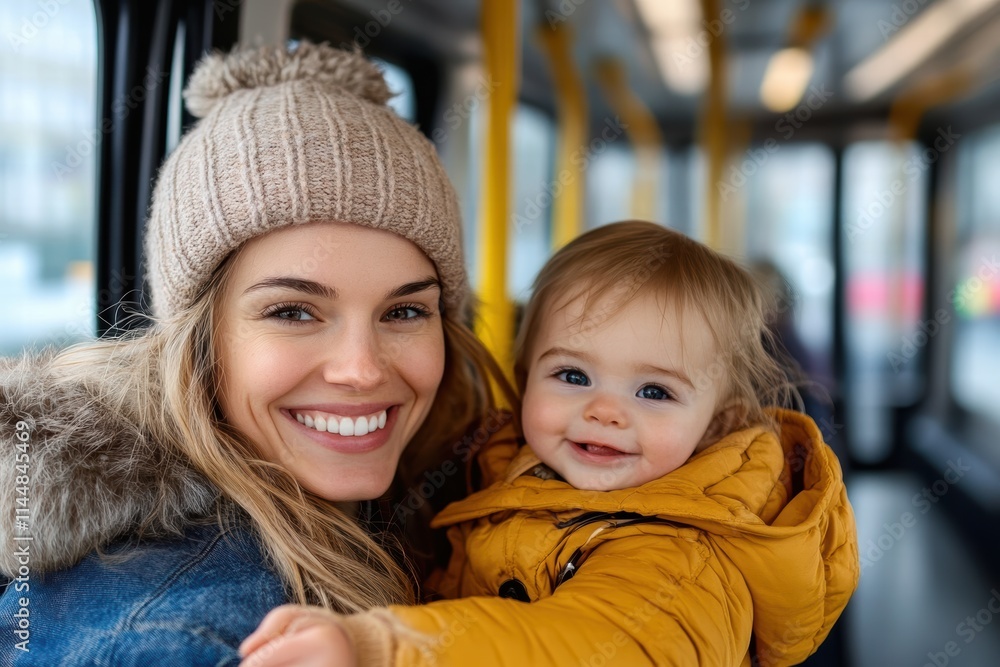 Obraz premium A woman and her toddler smile warmly while riding on a subway train. Their cozy jackets and cheerful expressions capture the essence of tender family connections.