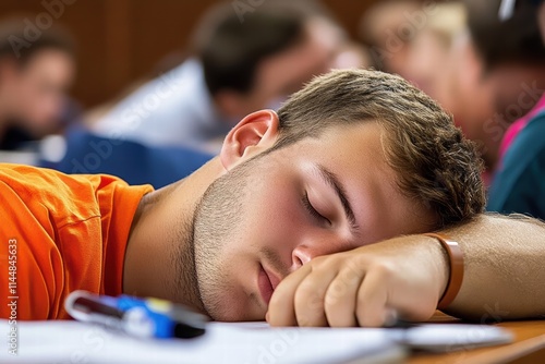 A young individual dozes off on their desk amidst a bustling classroom environment, encapsulating the essence of modern educational fatigue and focus challenges. photo