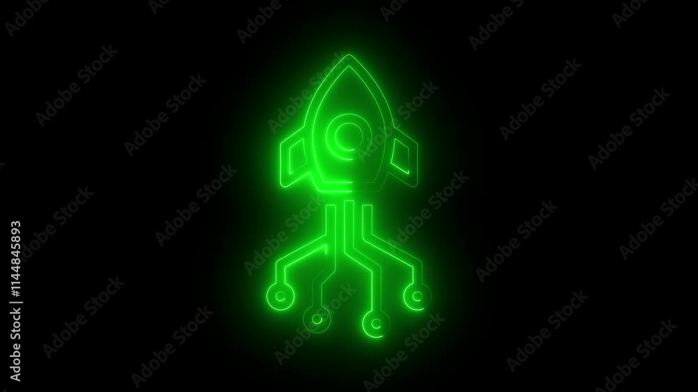 Rocket icon animation by green color neon on black background. Rocket icon animation by green color neon on black background.