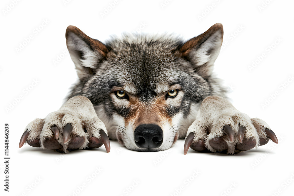 Fototapeta premium Intense Close-Up of a Lying Wolf with Focused Eyes and Prominent Claws on a White Background