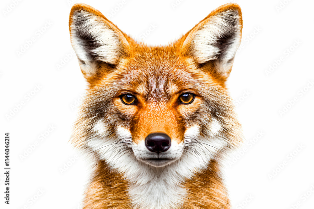 Close-Up Portrait of a Fierce Wild Fox Showcasing Intense Eyes and Detailed Fur on White Background Close-Up Portrait of a Fierce Wild Fox Showcasing Intense Eyes and Detailed Fur on White Background