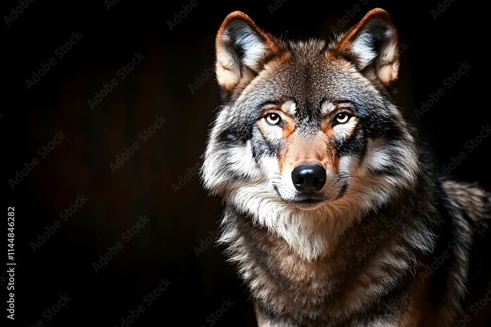Fototapeta premium Majestic Wolf Portrait with Intense Gaze Against Dark Background Suitable for Wildlife and Nature Themes
