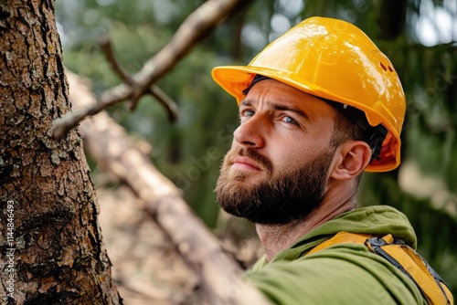 A man in a yellow hardhat stands thoughtfully by a tree, embodying the connection between humans and nature, showcasing forestry work environment. photo