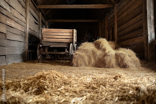 This rustic barn interior features an old wagon surrounded by scattered hay on a floor covered in straw, creating a sense of nostalgia and agricultural history. photo