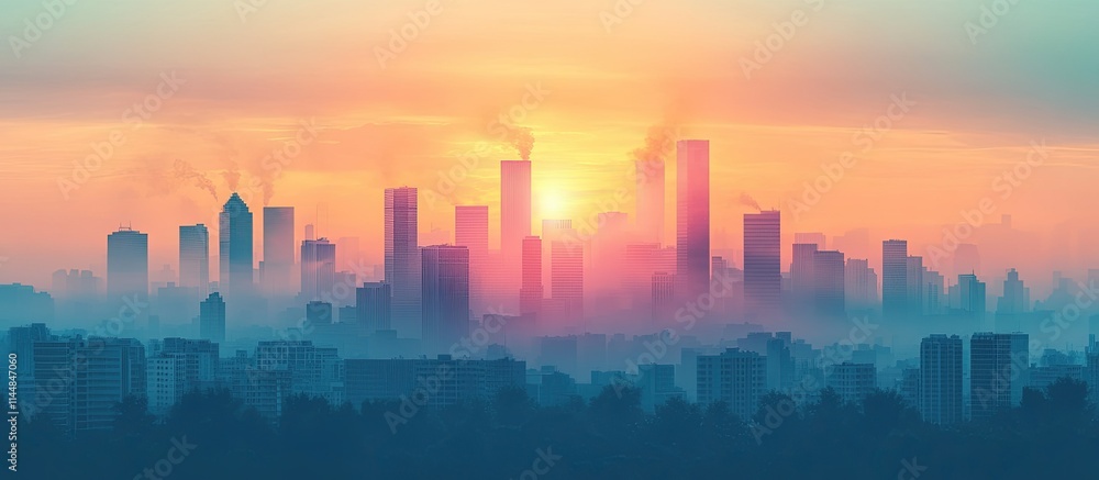Fototapeta premium Sunrise over hazy city skyline.