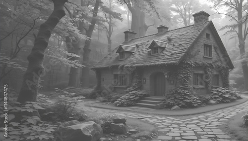 Wallpaper Mural Quaint Cottage Nestled in Misty Forest with Stone Path Torontodigital.ca