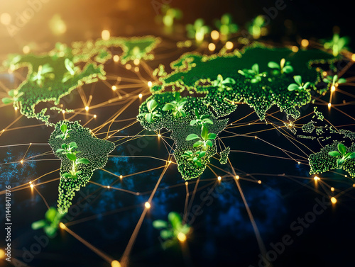 A digital, stylized world map illustration showcases global connectivity through a network of radiant lines The image emphasizes worldwide communication or exchange with dynamic lighting effects photo