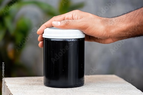 A hand secures a black jar with a white lid, focusing on simplicity and intrigue. Offers a contrasting view, captured in a straightforward yet captivating manner. photo