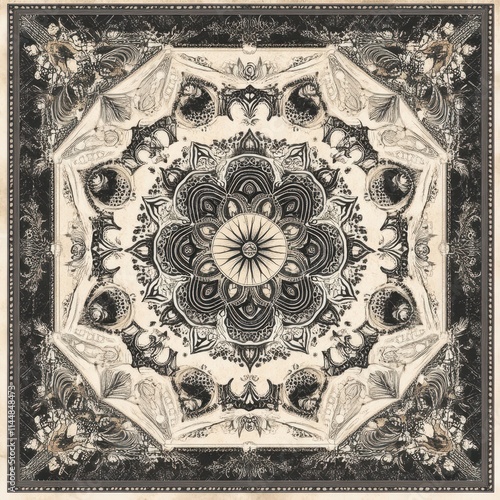 A detailed graphic design bandana with intricate patterns and textures, isolated on a white background.