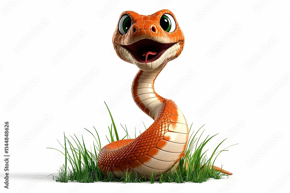 Fototapeta premium Colorful cartoon snake with expressive eyes and smiling face among green grass on a white background